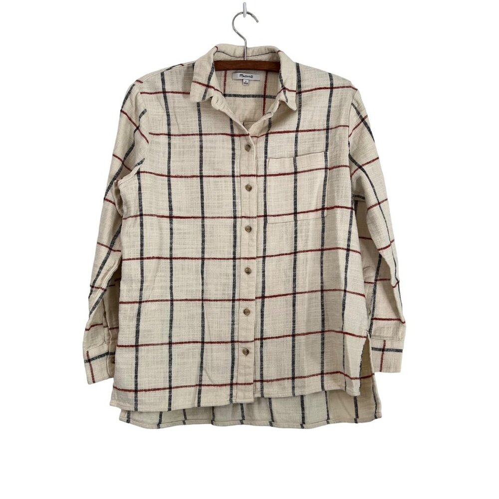 Madewell Beige Black Rust Windowpane Thick Cotton Long Sleeve Button Shirt SZ S